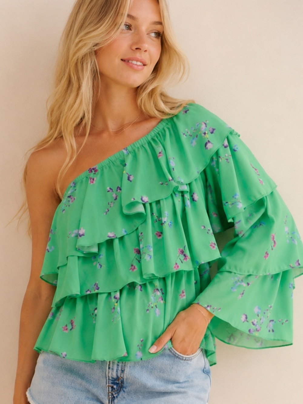 TinkerCRAS Green Floral One Shoulder Ruffle Top Statement Blouse 8006